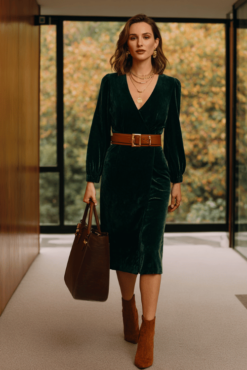 Woman wearing a dark green velvet wrap dress with gold jewelry and brown boots for a chic fall boho work outfit 