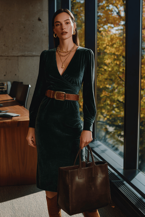 Woman wearing a dark green velvet wrap dress with gold jewelry and brown boots for a chic fall boho work outfit