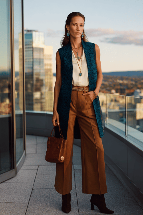 Woman wearing a long embroidered vest with wide leg pants and ankle boots for a fall boho work outfit 