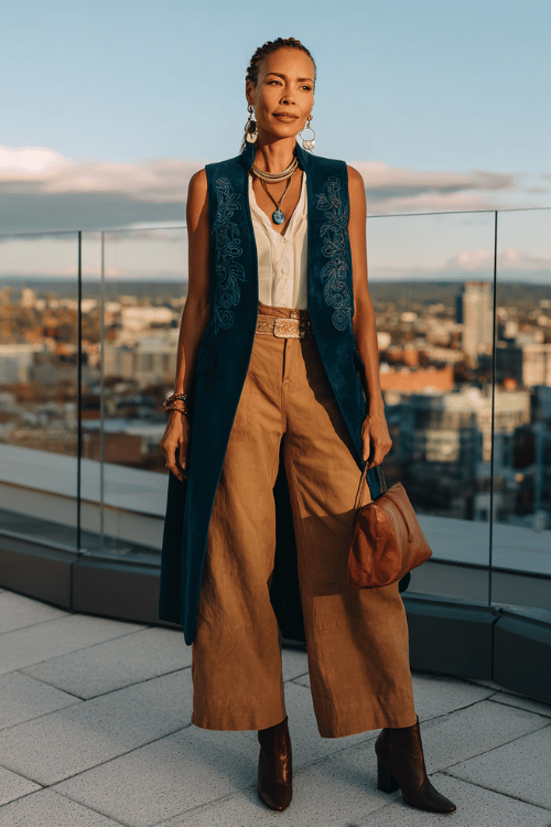 Woman wearing a long embroidered vest with wide leg pants and ankle boots for a fall boho work outfit