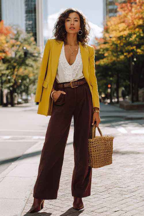 Woman wearing a mustard blazer with burgundy wide leg pants and ankle boots for a fall boho work outfit