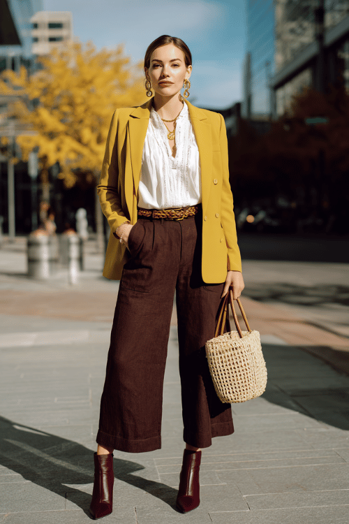 Woman wearing a mustard blazer with cropped wide leg pants and ankle boots for a fall boho work outfit