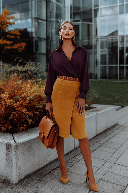 Woman wearing a plum satin blouse with a mustard wrap skirt and heels for a fall boho work outfit