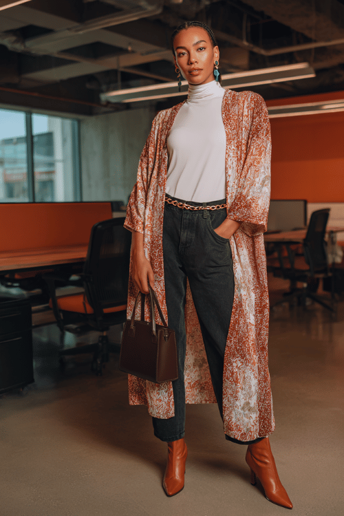 Woman wearing a velvet boho kimono with a white turtleneck, wide leg pants, and ankle boots for a fall work outfit 