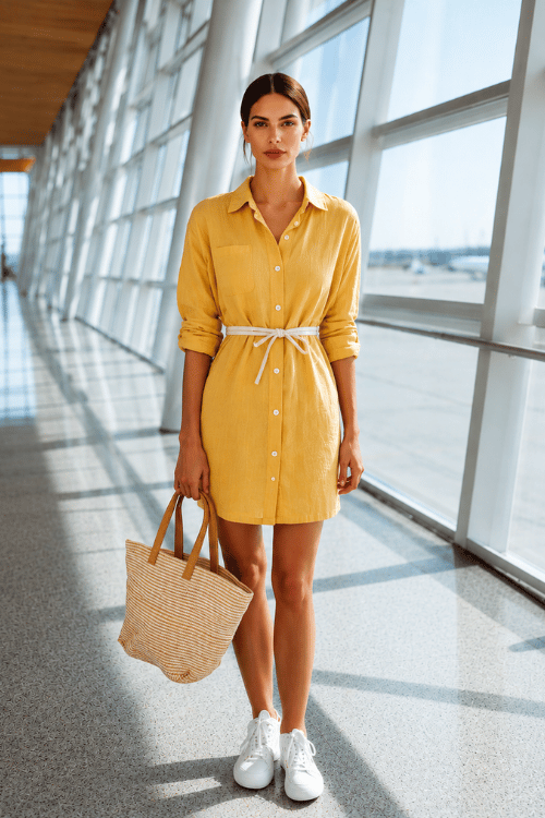 Woman wearing a yellow linen shirt dress with white sneakers and a woven tote bag walking through a bright modern airport terminal