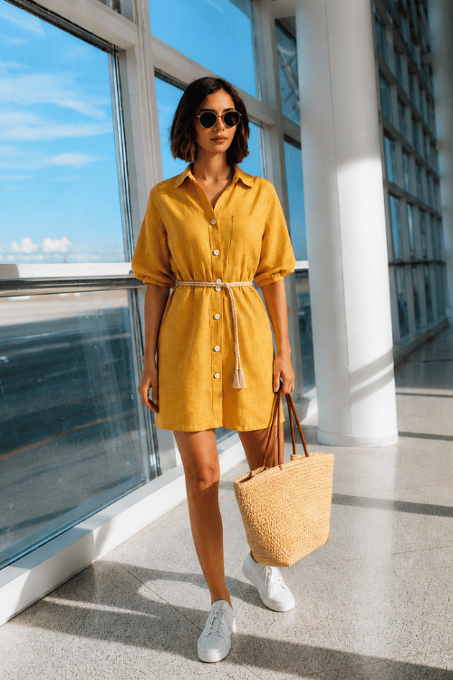 Woman wearing a yellow linen shirt dress with white sneakers and a woven tote bag walking through a bright modern airport terminal