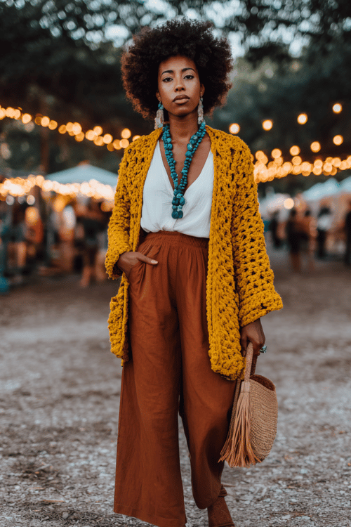 a Black woman with a bold afro wearing an oversized mustard yellow crochet cardigan over a white flowy blouse and wide-leg burnt sienna trousers