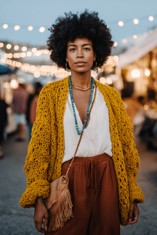 a Black woman with a bold afro wearing an oversized mustard yellow crochet cardigan over a white flowy blouse and wide-leg burnt sienna trousers