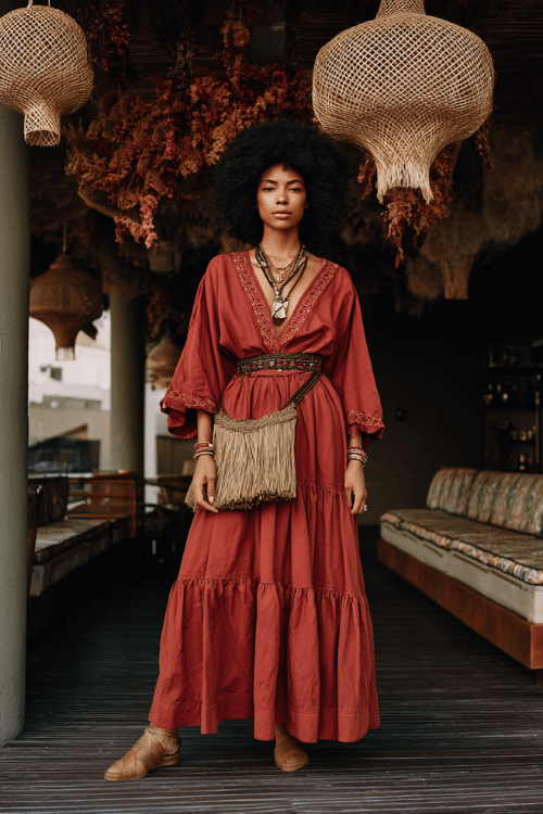 a Black woman with a bold defined afro wearing a rich terracotta hand-embroidered peasant dress with wide sleeves and a tiered hem, a thick braided leather belt 