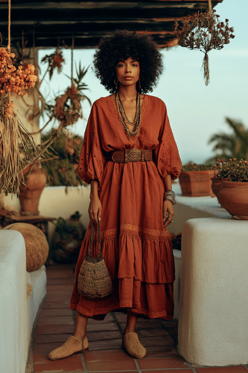 a Black woman with a bold defined afro wearing a rich terracotta hand-embroidered peasant dress with wide sleeves and a tiered hem, a thick braided leather belt