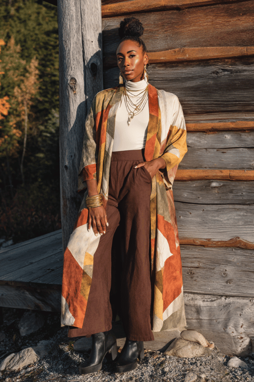 a Black woman with a sleek high bun wearing a flowing patchwork kimono coat in shades of rust, mustard, and ivory over a simple white turtleneck and flared chocolate brown trousers 