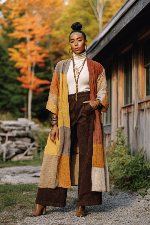 a Black woman with a sleek high bun wearing a flowing patchwork kimono coat in shades of rust, mustard, and ivory over a simple white turtleneck and flared chocolate brown trousers