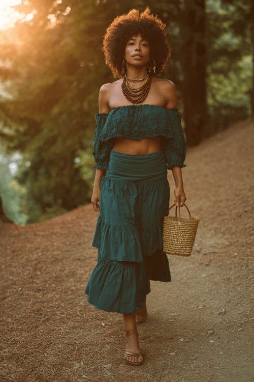 a Black woman with a voluminous curly afro wearing a boho tiered ruffle maxi skirt in deep forest green, a matching embroidered off-shoulder blouse