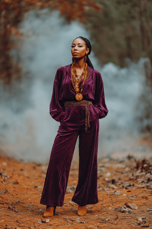 a Black woman with goddess box braids wearing a luxurious deep plum velvet flared jumpsuit with wide sleeves, layered amber gemstone necklaces, a fringed suede waist belt