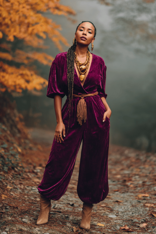a Black woman with goddess box braids wearing a luxurious deep plum velvet flared jumpsuit with wide sleeves, layered amber gemstone necklaces