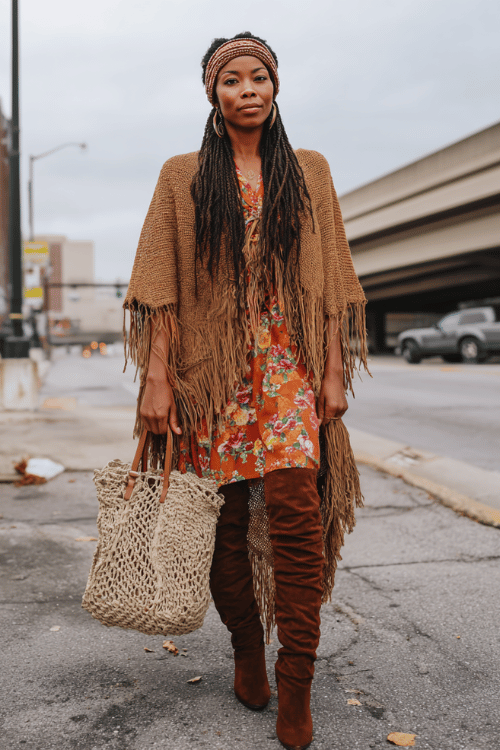 a Black woman with long Senegalese twists wearing a vintage-inspired hippie chic ensemble featuring a camel fringed poncho over a floral burnt orange midi dress