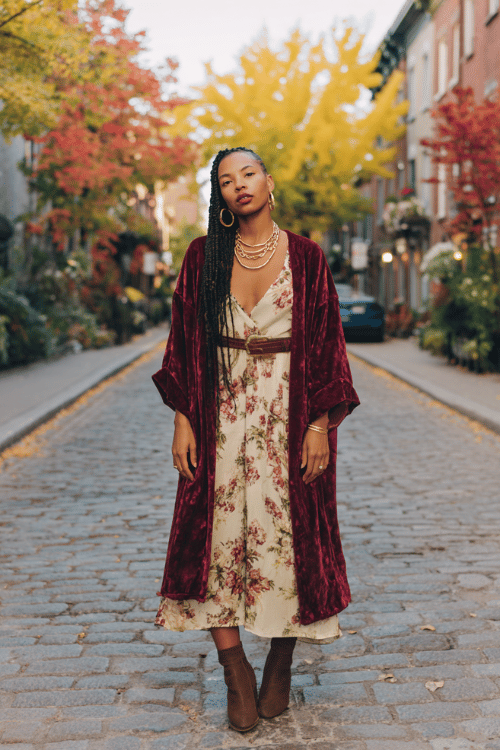 a Black woman with long braided hair wearing a rich burgundy velvet kimono jacket over a cream floral midi dress, stacked gold rings and layered chain necklaces
