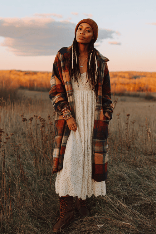 a Black woman with long highlighted locs wearing a cozy oversized plaid blanket coat in rust and navy over a long cream lace maxi dress, tall chocolate brown lace-up leather boots