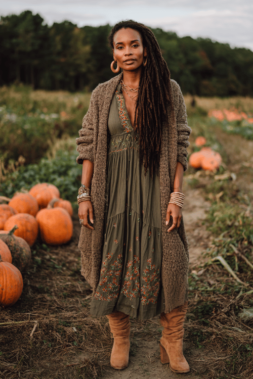 a Black woman with long loc hairstyle wearing a deep olive wrap maxi dress with floral embroidery and flutter sleeves, a chunky knit earth-toned cardigan draped over her shoulders