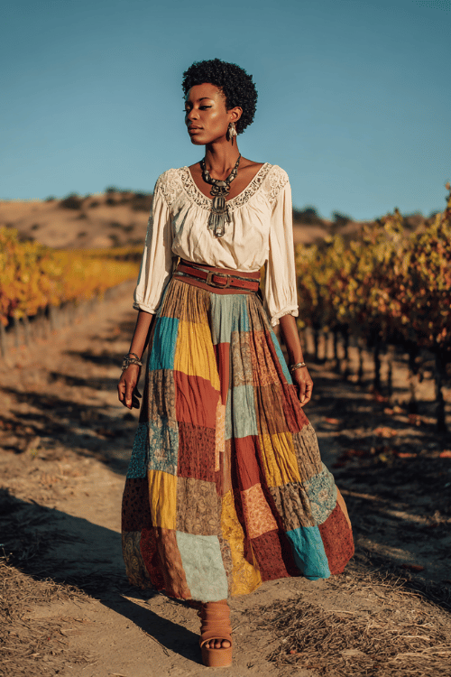 a Black woman with short natural TWA hair wearing a colorful boho patchwork maxi skirt in terracotta, mustard, and teal, paired with a fitted cream peasant blouse with lace neckline detailing