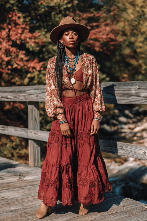 a Black woman with waist-length knotless braids wearing a sheer floral boho blouse in warm autumn hues over a rust-colored bralette