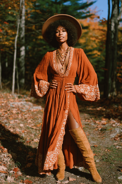 a beautiful Black woman with natural coily afro hair wearing a flowing rust-orange maxi dress with intricate lace trim and bell sleeves, layered gold and amber stone necklaces 