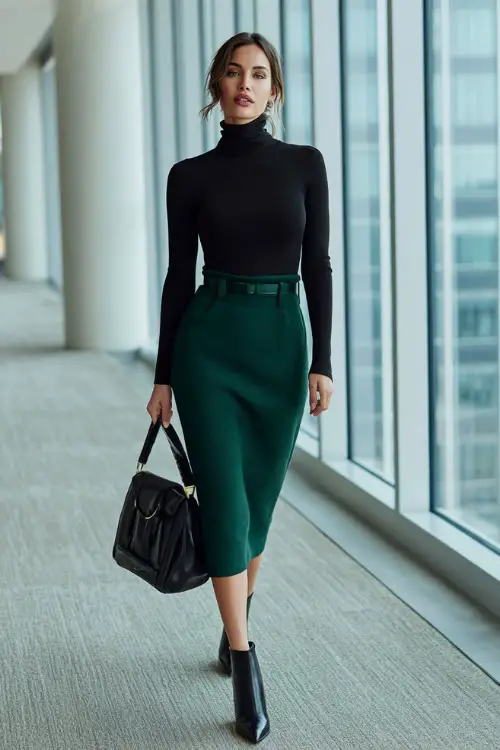 a chic woman in a classic high-waisted pencil skirt in deep forest green wool crepe paired with a fitted long-sleeve black turtleneck sweater tucked in, black leather pointed-toe heeled ankle boots