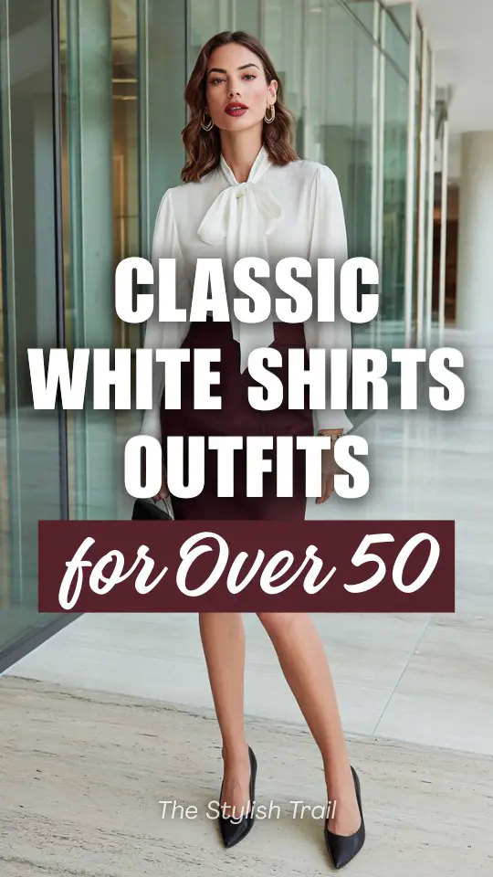a chic woman over 50 wearing a classic outfit with a white shirt with a delicate pussy-bow neckline tucked into a high-waisted tailored pencil skirt in rich burgundy wool crepe