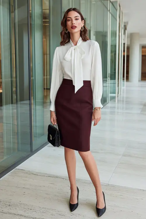 a chic woman wearing a classic white silk blouse with a delicate pussy-bow neckline tucked into a high-waisted tailored pencil skirt in rich burgundy wool crepe 