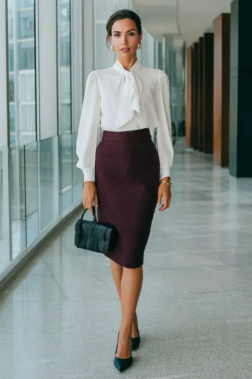 a chic woman wearing a classic white silk blouse with a delicate pussy-bow neckline tucked into a high-waisted tailored pencil skirt in rich burgundy wool crepe