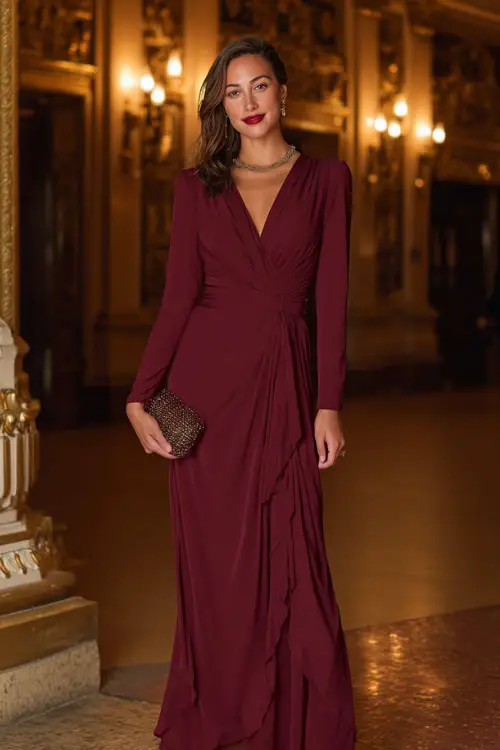 a classic floor-length long-sleeve gown in rich burgundy chiffon with a delicate wrap silhouette, a softly draped V-neckline