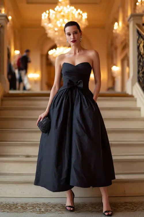 a classic strapless floor-length ball gown in deep midnight black taffeta with a structured fitted bodice, a dramatic full skirt with subtle layers