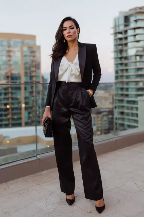 a classic tailored black tuxedo suit with a fitted single-button blazer, wide-leg satin-trimmed trousers, and a fitted ivory silk blouse
