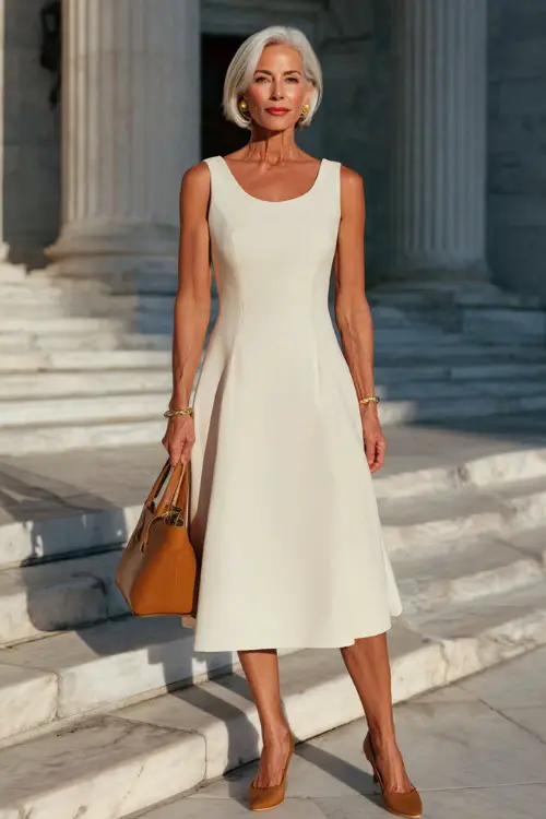 a confident and elegant woman in her 50s wearing a classic sleeveless A-line midi dress in soft ivory wool crepe with a modest scoop neckline, subtle waist definition