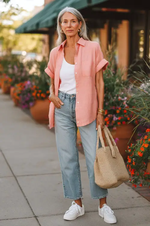 a confident and relaxed woman in her mid-50s dressed in a classic soft coral pink short-sleeve linen shirt worn casually open over a fitted white tank top