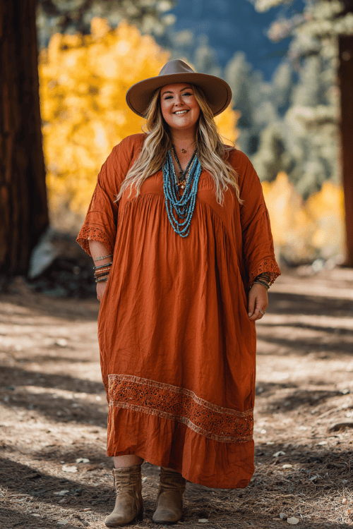 a confident plus-size woman wearing a flowing rust-orange maxi dress with lace trim, layered turquoise and wooden bead necklaces, a wide-brim felt hat, and suede ankle boots