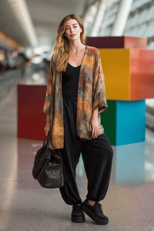 a creative woman wearing a bold printed loose kimono jacket in warm earthy abstract tones over a simple fitted black long-sleeve top and relaxed straight-leg black jersey pants