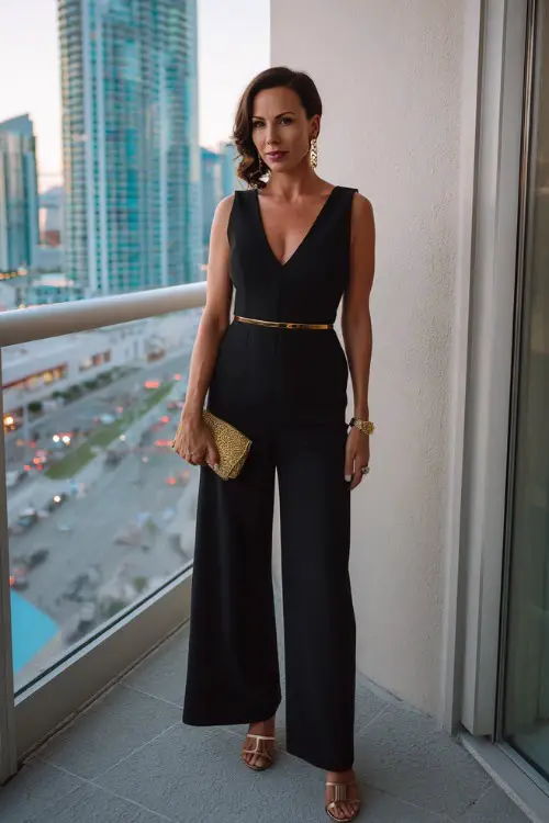 a distinguished woman in a classic tailored sleeveless jumpsuit in deep black crepe with wide-leg trousers, a fitted bodice, and a subtle plunging neckline, accessorized with a thin gold waist belt