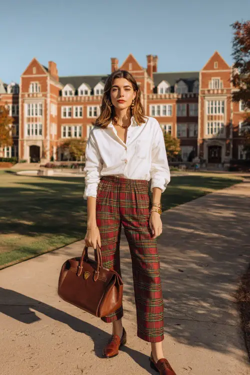 a distinguished woman in a classic white cotton button-down shirt worn tucked into a high-waisted classic tartan plaid straight-leg trouser in warm red and green tones 