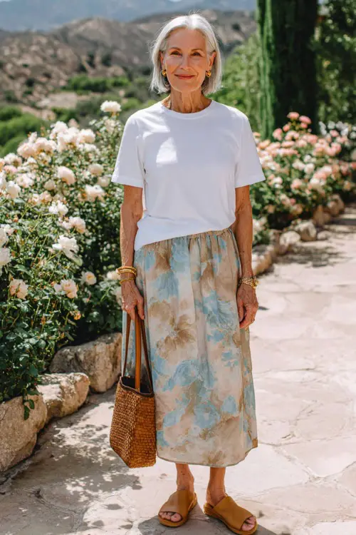 a distinguished woman in her 50s wearing a classic relaxed white cotton oversized crewneck t-shirt tucked loosely into a high-waisted flowing midi skirt in a soft watercolor floral print