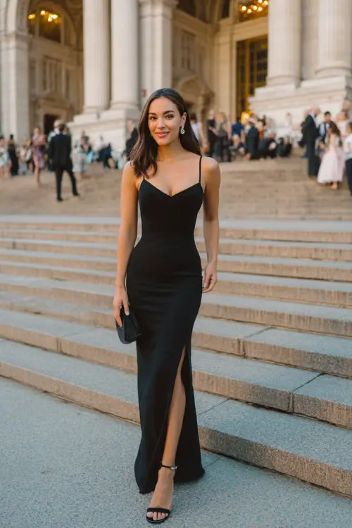 a glamorous woman wearing a classic floor-length sleeveless black crepe gown with a subtle sweetheart neckline, a fitted bodice, and a gracefully flowing skirt with a small side slit