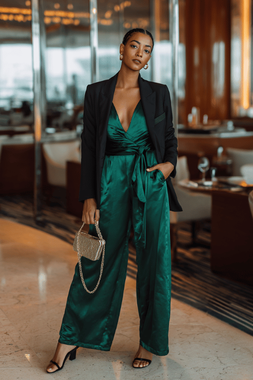 a glamorous woman wearing a rich emerald green satin wide-leg jumpsuit with a deep V-neckline and a self-tie belt, layered with a sharp oversized blazer in black, with black strappy heeled sandals