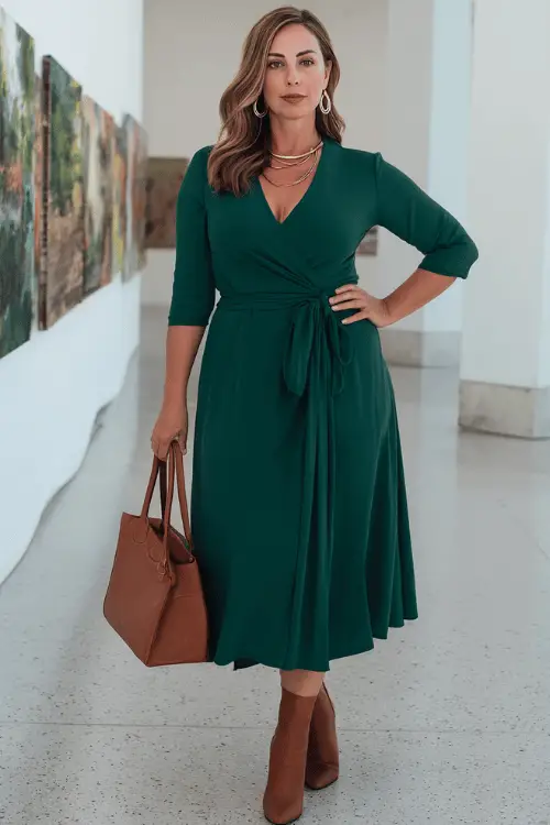 a graceful and stylish plus-size woman in her mid-40s wearing a timeless wrap midi dress in deep forest green with a flattering V-neckline, three-quarter sleeves, a self-tie waist sash