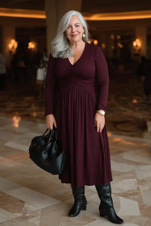 a graceful and stylish plus-size woman in her mid-50s wearing a timeless long-sleeve empire waist midi dress in rich burgundy with a modest V-neckline 