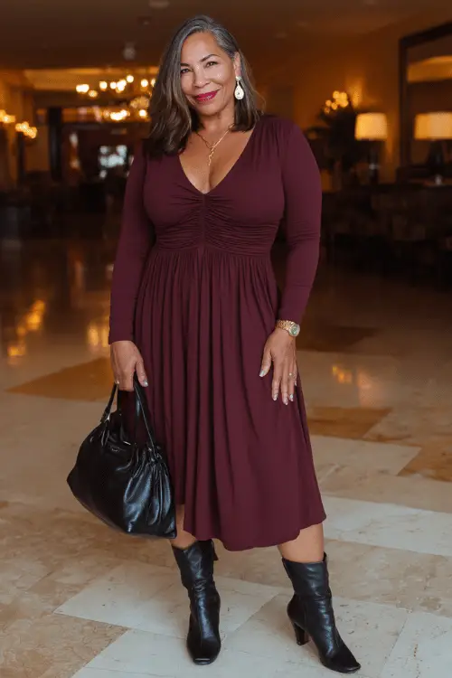 a graceful and stylish plus-size woman in her mid-50s wearing a timeless long-sleeve empire waist midi dress in rich burgundy with a modest V-neckline