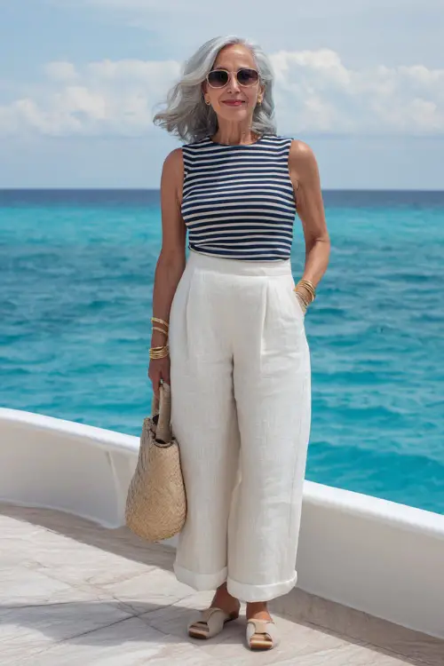 a graceful woman in her mid-50s dressed in a classic navy blue and white striped sleeveless linen top tucked into high-waisted wide-leg white linen trousers