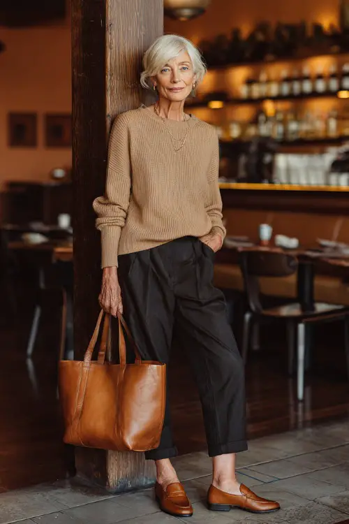 a graceful woman in her mid-50s dressed in a classic soft camel ribbed knit crewneck sweater tucked into high-waisted dark wash straight-leg trousers 