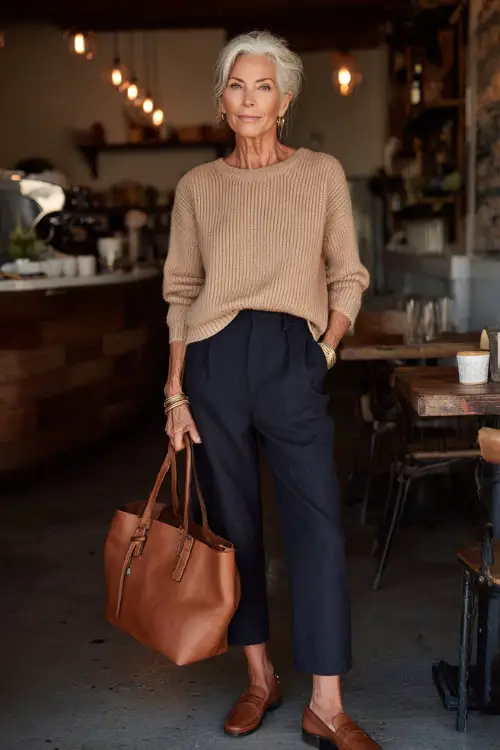 a graceful woman in her mid-50s dressed in a classic soft camel ribbed knit crewneck sweater tucked into high-waisted dark wash straight-leg trousers