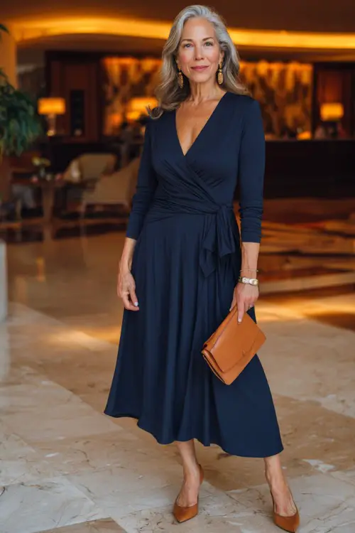 a graceful woman in her mid-50s wearing a timeless long-sleeve wrap midi dress in rich navy blue with a flattering V-neckline, a self-tie waist sash 