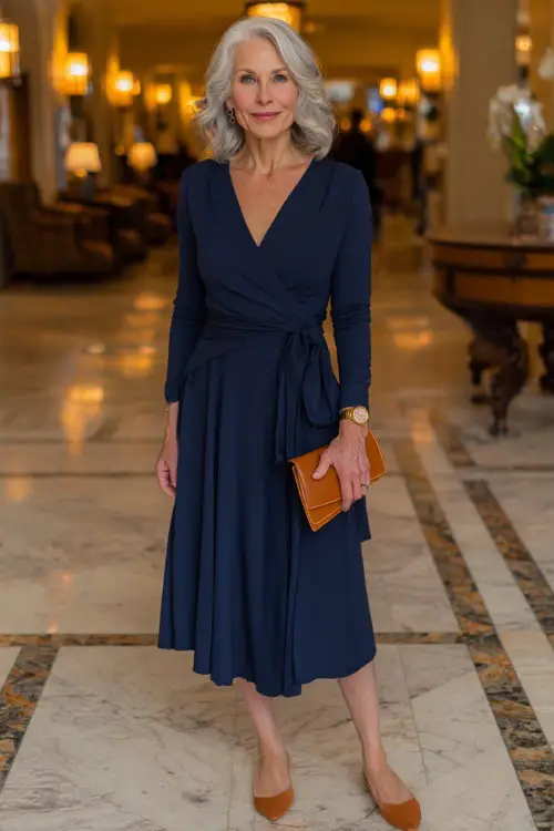 a graceful woman in her mid-50s wearing a timeless long-sleeve wrap midi dress in rich navy blue with a flattering V-neckline, a self-tie waist sash